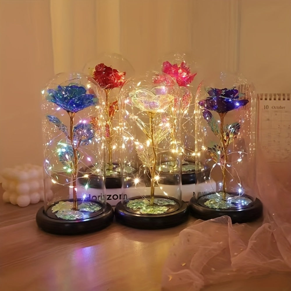 LED Rose Flower in Glass Dome, Eternal Foil Rose with LED Light, Romantic Valentine's Day Gift for Girlfriend, Mother's Day Wedding Bridesmaid Desktop Decoration, Battery Powered