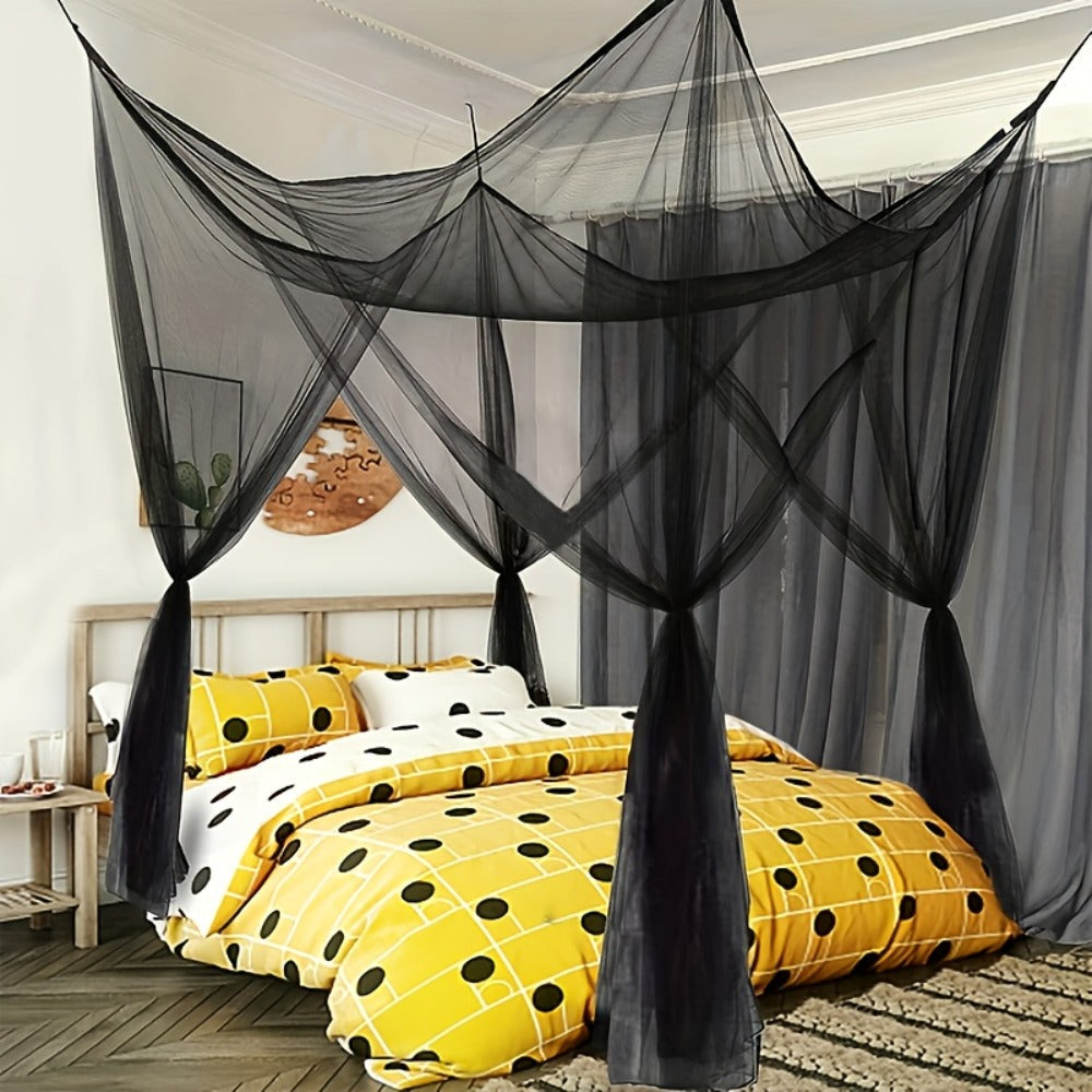 Bed Canopy Mosquito Net - Princess Canopy for Beds with Curtains, Sheer Bed Drapes for Indoor Outdoor Use, Gothic Black Boho Decorative Bed Tent, Girls Bedroom Decor, White Multicolor Black