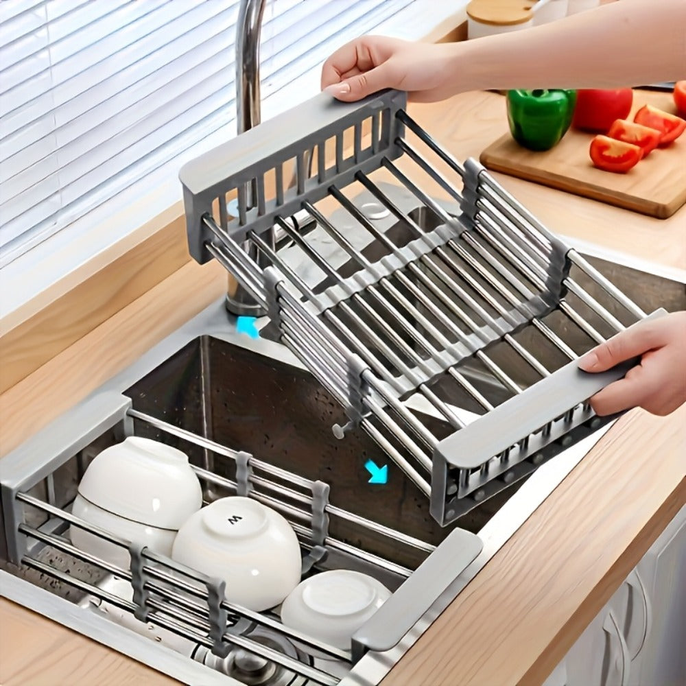 Dish Drying Rack Stainless Steel Adjustable ¨C Expandable Over Sink Dish Rack with Retractable Width & Height for Kitchen Countertop, Space-Saving 304 Stainless Steel Drainer, Easy to Clean