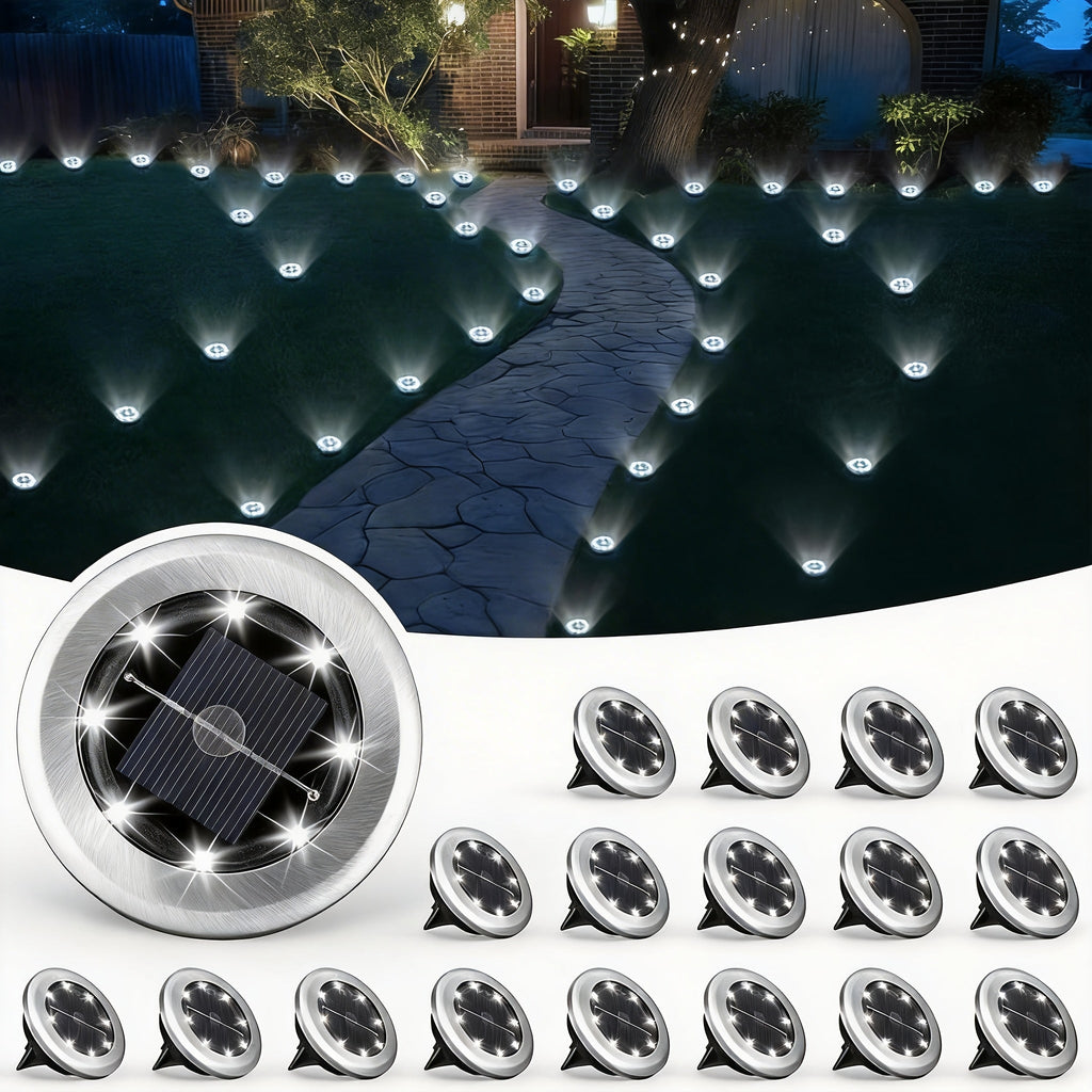 Solar Ground Lights Outdoor LED Path Lights Waterproof - Stainless Steel In-Ground Solar Lights for Lawn Driveway Courtyard Garden Pathway, Warm & Cool White Landscape Lighting Pack Options
