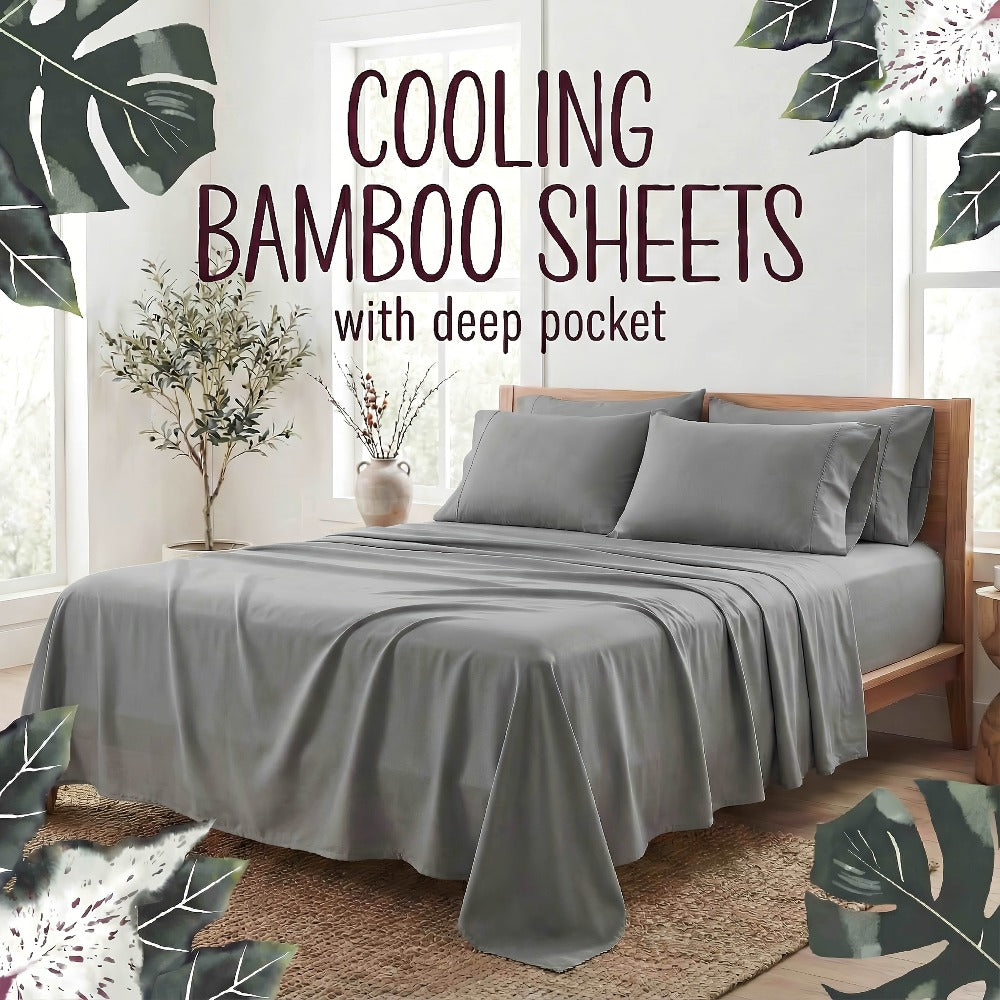 Bamboo Fiber Bed Sheet Set 4-Piece ¨C Cooling Sheets, Hypoallergenic, Deep Pocket Fitted Sheet, Wrinkle-Free Bedding for All Seasons, Twin Full Queen King
