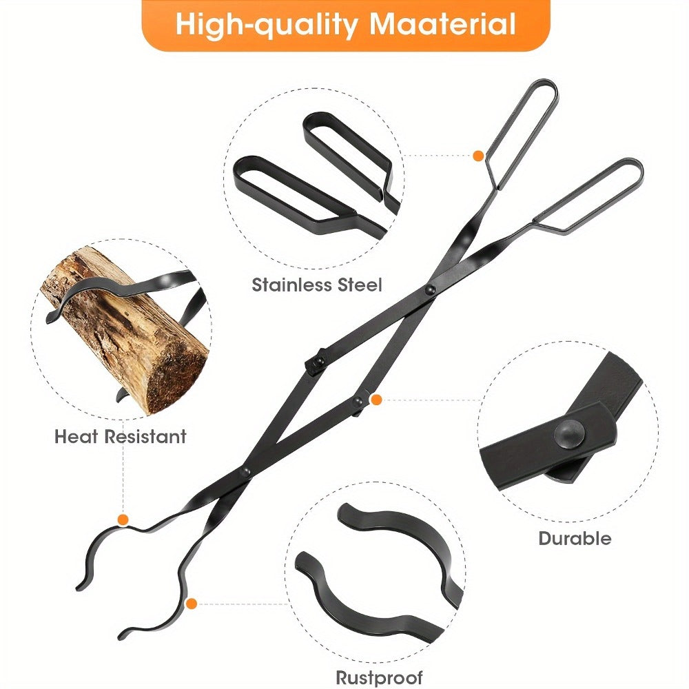 Fireplace Tongs 26 Inch Heavy Duty Wrought Iron Log Tongs, Foldable Firewood Tongs with Stainless Steel Tip, Fire Pit Tongs for Campfire, Stove, BBQ, Indoor and Outdoor Fire Pit Accessories