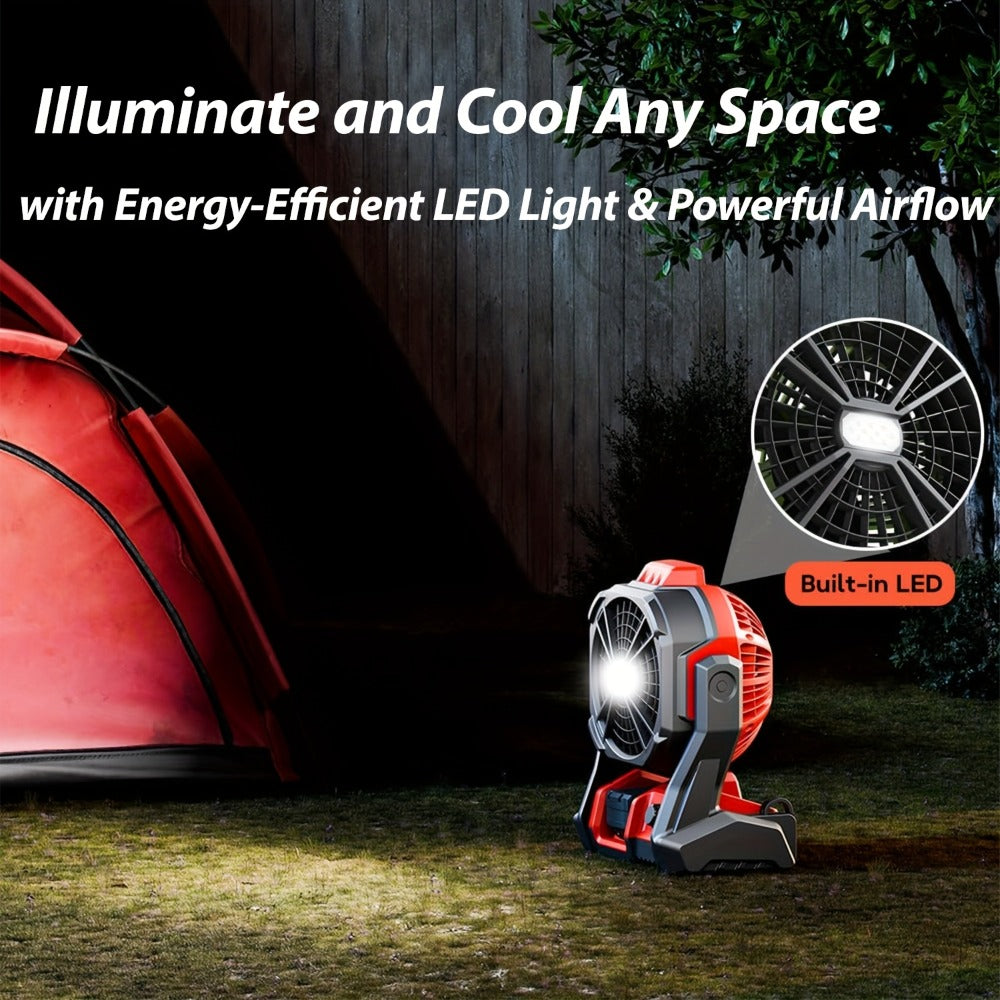 18V Battery Operated Cordless Fan Compatible with Milwaukee M18 Red Battery LED Light Variable Speed 180 Degree Tilt Hook for Hanging Camping Job Site Fan Red Battery Not Included