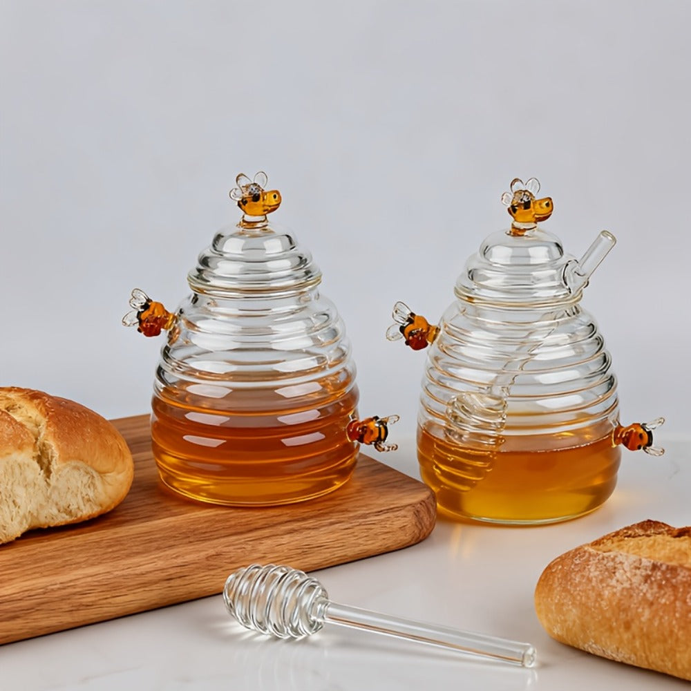 Glass Honeycomb Honey Jar with Lid and Stirrer | 480ml High Borosilicate Transparent Storage Container for Home Kitchen Wedding Party