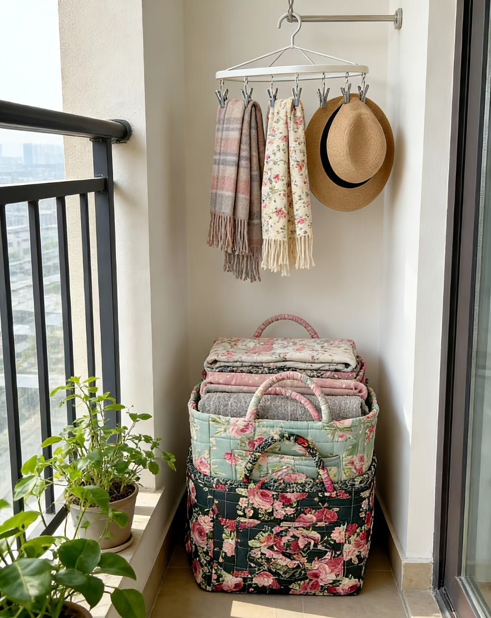 Floral Storage Basket Large Capacity Quilted Vintage Flower Pattern Portable Home Organizer Basket for Shelf Bedroom Closet Living Room Pink Peony Red Marigold Boho Decor