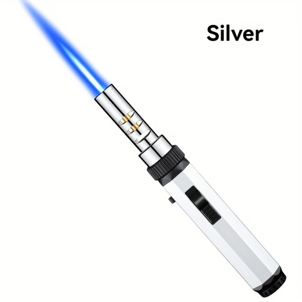 Windproof Jet Flame Torch Lighter with Safety Lock & Switch Lock, Large Adjustable Flame, Outdoor Torch for Campfire BBQ Baking Camping, Gas Not Included, Black Silver Blue
