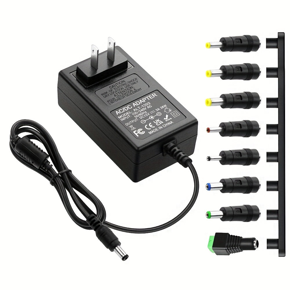 12V 3A DC Power Adapter 36W with 10 Interchangeable Tips - Universal AC 100-240V Input, Short Circuit & Overvoltage Protection, Stable Output for CCTV Camera, LED Strip, Router, TV Box & More