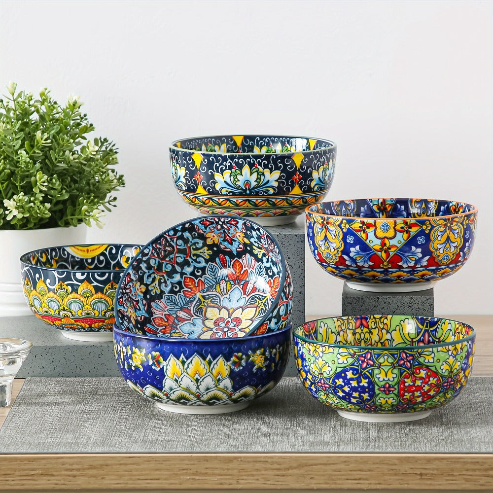 Cereal Bowl Set of 6 Bohemian Style 26oz ¨C Colorful Ceramic Bowls for Cereal Soup Oatmeal Salad Ice Cream Pasta Microwave Dishwasher Safe Boho Kitchen Decor Gift for Home