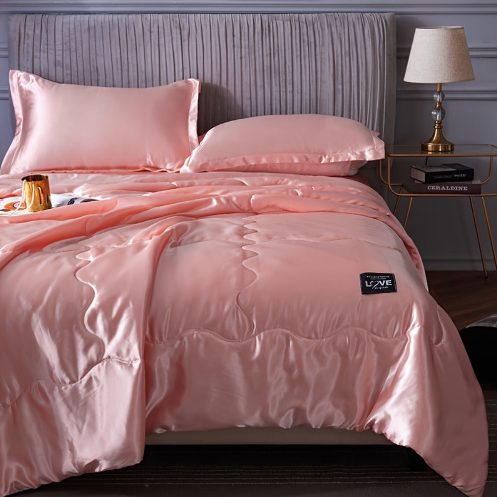 Cooling Satin Quilt Summer Comforter Ultra-Soft Breathable Lightweight Blanket, Machine Washable Satin Weave Bedspread for Home Dorm Hotel, Twin Full Size, White Silvery Grey Pink Lake Blue