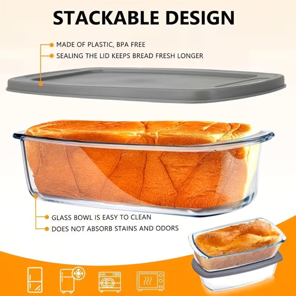 Glass Baking Dish with Lid, 1.9 Qt Rectangular Glass Loaf Pan with Handles, Oven & Microwave Safe Airtight Food Storage Container, Stackable Glass Bread Pan for Baking Bread Cakes, with Silicone Brush