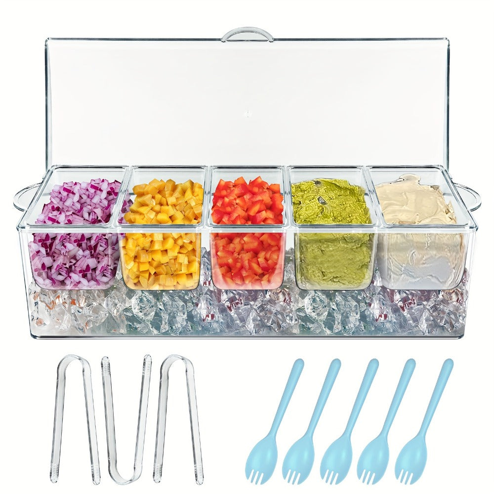 Bar Serving Tray on Ice with 5 Compartments & Lid ¨C Garnish Condiment Platter with 5 Forks & 3 Pliers, Clear Fruit Tray for Bar, Party & Entertaining