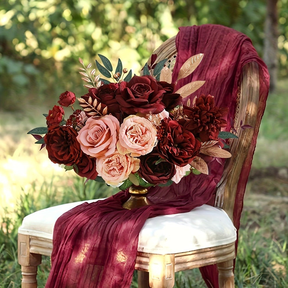 Artificial Rose Bouquet Wine Red, 12pcs Fake Plastic Roses for Wedding Centerpiece, Halloween Day of the Dead Altar Decor, Fall Winter Tabletop Flower Arrangement, No Battery Required