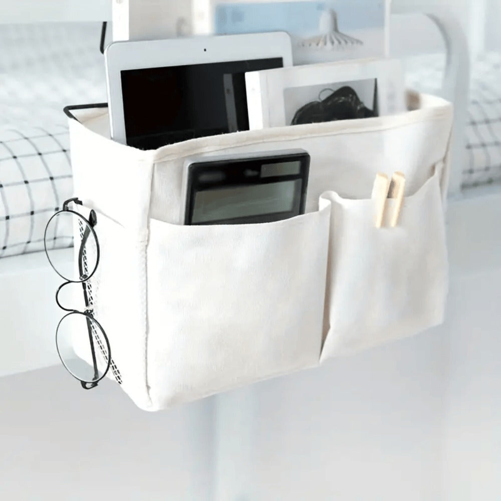 Bedside Hanging Organizer 2Pack Bed Rail Storage Bag - Bunk Bed Dorm Hospital Caddy for Books Magazines Phone Glasses Kettle Bedroom Shelf Basket Gray White