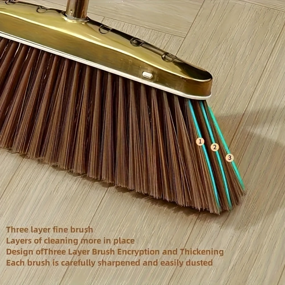 Broom and Dustpan Set Premium Golden Stainless Steel Extra Long Handle Microfiber Bristles V-Shape Leakproof Dustpan Heavy Duty Indoor Outdoor Sweeper for Kitchen Patio Hardwood Tile Floor