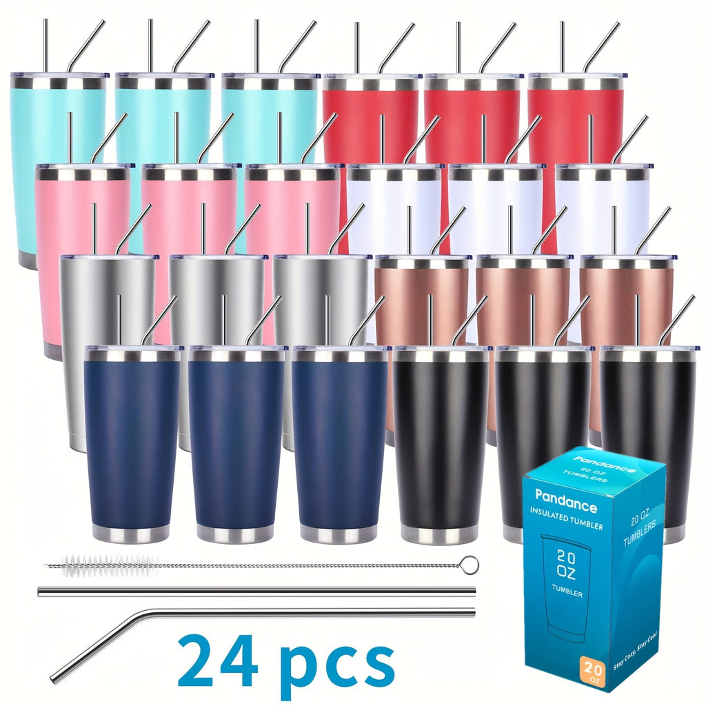 Stainless Steel Insulated Tumblers with Lid and Straw Bulk 20oz 304 Double Wall Vacuum Travel Mug for Hot Iced Coffee Drinks Water Cup Set 8pcs 12pcs 24pcs White Navy Blue Red Silver Black Mix
