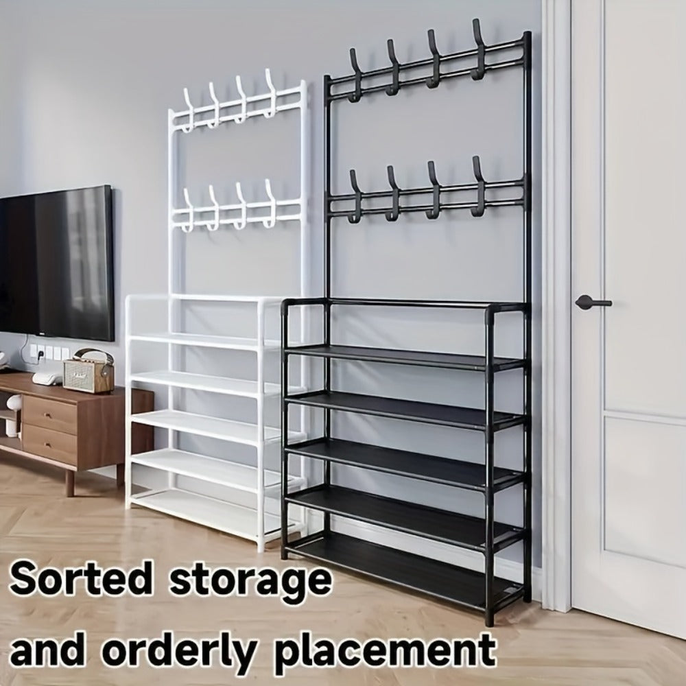 Shoe Rack Organizer with 8 Double Hooks & Multi-Layer Storage Shelves ¨C Floor Standing Coat Hat Holder for Entryway Bedroom Living Room