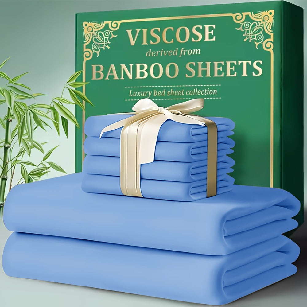 Bamboo Cooling Bed Sheet Set 4pcs - Ultra Soft Breathable Deep Pocket Fitted Sheets, 2200TC Cooling Fabric, Shrink & Wrinkle Resistant, All-Season Bedding
