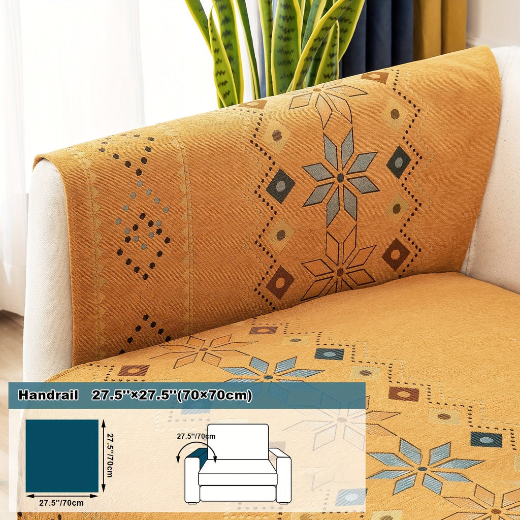 Bohemian Chenille Sofa Cover | Geometric Print Non-Slip Couch Slipcover, Thick Plush Boho Style, 1 to 4 Seat, Armrest & Backrest, Machine Washable, Sectional Sofa Protector