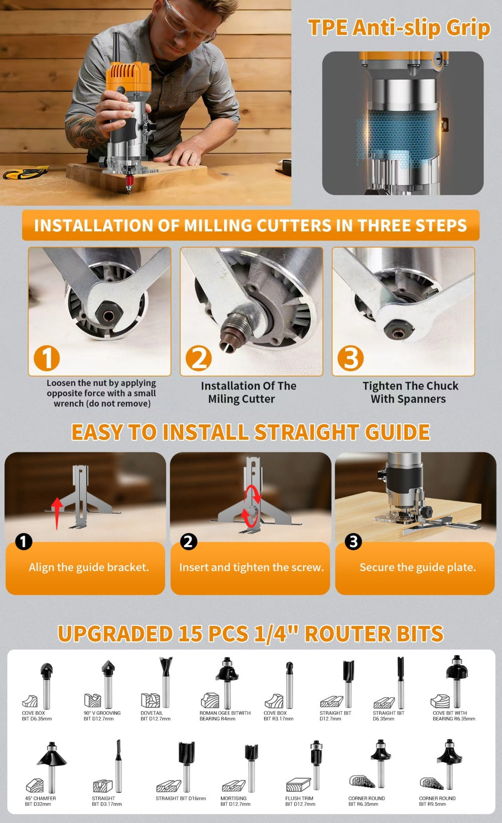 Wood Router Edge Trimmer 800W 6.1Amp Compact Hand Router Tool 35000RPM with Variable Speed, 1/4¡± Collet, Router Bit Set for Woodworking Slotting Carving Edge Treatment DIY Projects