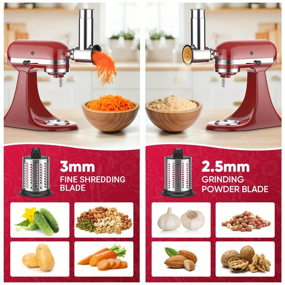 Stainless Steel Slicer Shredder Attachment for Stand Mixers with 4 Dishwasher Safe Blades ¨C Multi-Function Vegetable Fruit Cheese Grater Salad Maker & Powder Grinder for Carrots Potatoes