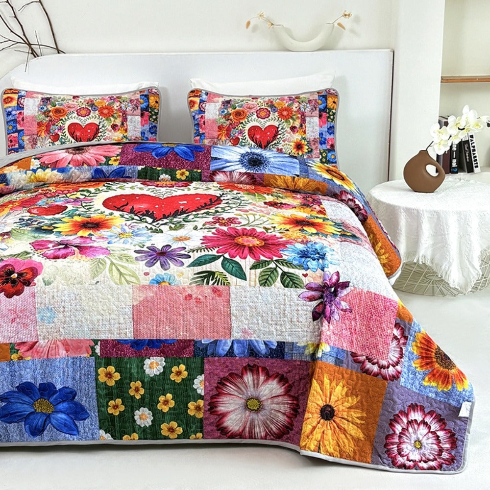 Comforter Set 2 3 Piece Colorful Floral Print Quilt with Pillowcases, Soft Breathable Hypoallergenic Machine Washable Quilted Bed Cover for Twin Full Queen King, Boho Flower Bedding Room Decor