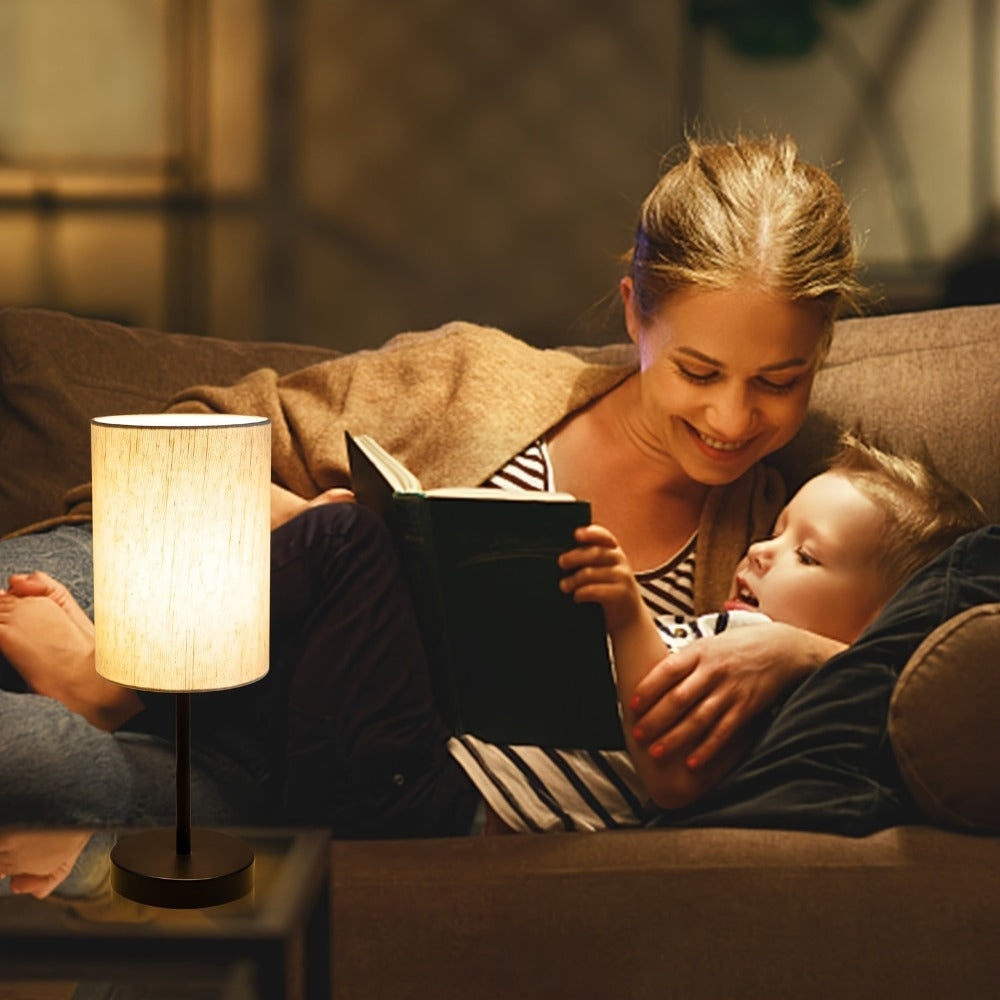 Small Bedside Table Lamp Set of 2 ¨C Linen Shade Nightstand Lamp with Cord Switch, 5W LED Bulb Included, Compact Desk Light for Bedroom Living Room Children's Room Office Dorm (Black / Beige Black)