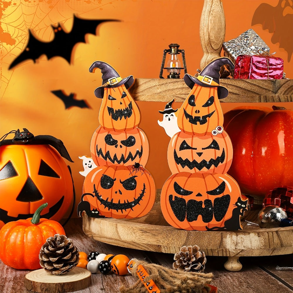 Halloween Tiered Tray Decor Set of 2 ¨C Glittery Wooden Pumpkin Stack with Witch Hat, Spooky Centerpiece for Autumn & Fall Home Decoration, Halloween Tabletop Ornament & Seasonal Tiered Tray Accessory