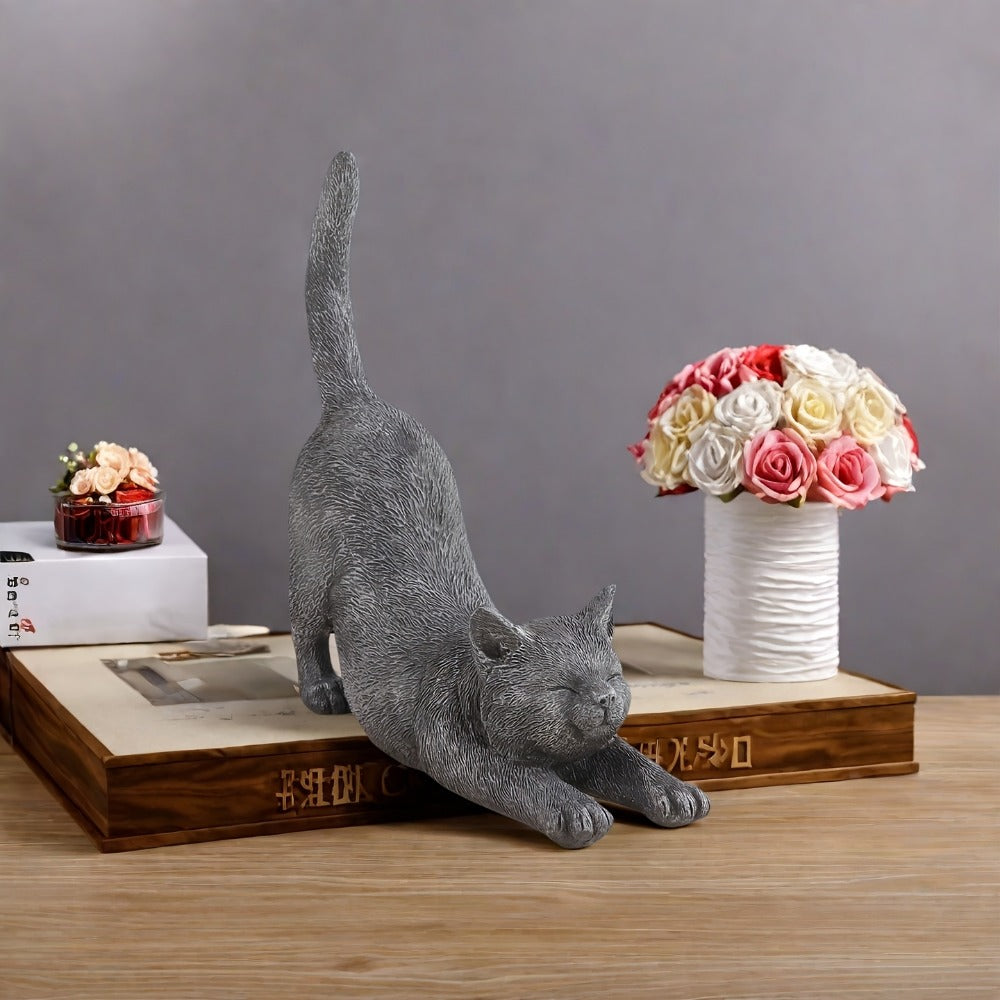Yoga Cat Statue Hand-Painted Stretching Cat Figurine Grey Resin Decorative Sculpture for Home Office Garden Indoor Outdoor Decor Cat Lover Gift High-Quality Finish Stylish Ornament