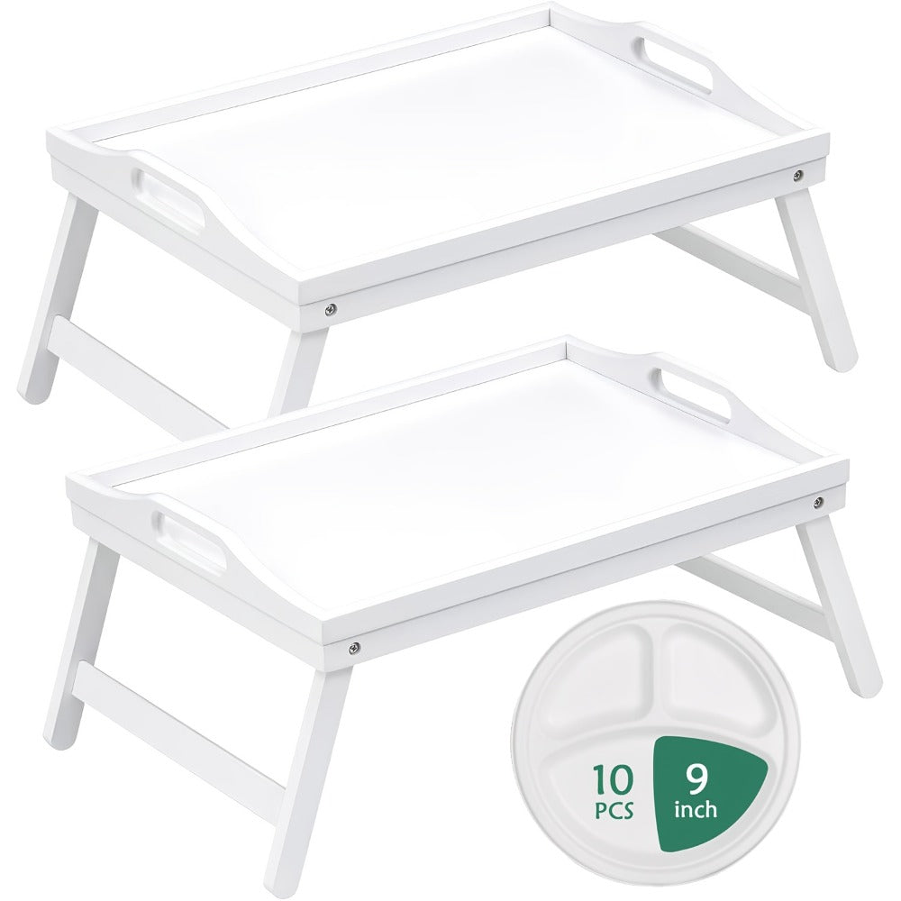 Bamboo Bed Tray Table with Foldable Legs & Handles, Breakfast Tray for Eating, Working & Snacking in Bed ¡ª Food-Safe, Durable Lap Desk | White, Black, Natural Bamboo | 1 or 2 Pack
