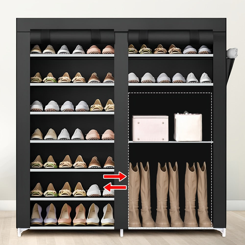 Shoe Rack Organizer 9 Tier Double Row Large Capacity Holds 42 Pairs Nonwoven Fabric Dust Cover Portable Shoe Cabinet Space Saving Easy Assembly for Home Bedroom Closet Dormitory Black