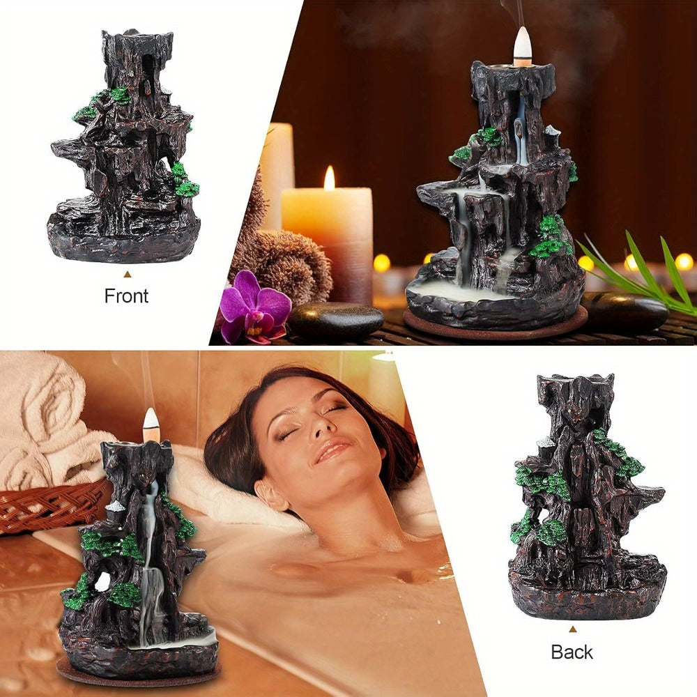 Backflow Incense Burner Waterfall Smoke Effect 2-Side Incense Holder with 120 Backflow Cones 30 Incense Sticks Aromatherapy Ornament for Home Decor Meditation Yoga Relaxation Stress Relief
