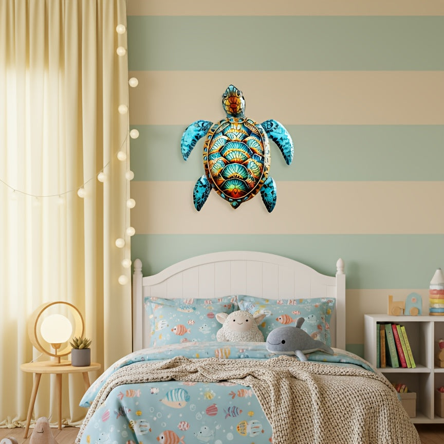 Metal Wall Art Turtle Sculpture - Colorful Swirling Pattern Hanging Decor, Intricate Boho Wall Decoration for Living Room Bedroom Entryway, Housewarming Gift, Easy Install, 14.37x15.75 Inch