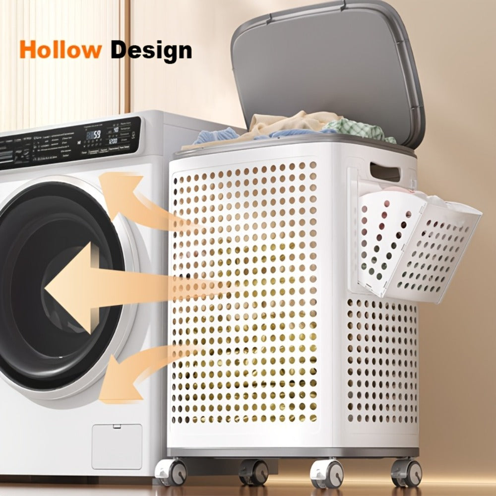 Rolling Laundry Basket with Lid and Wheels ¨C Large Foldable Ventilated Storage Bin with Lockable Casters, Removable Inner Basket for Underwear, Space-Saving Clothes Hamper for Bedroom & Bathroom