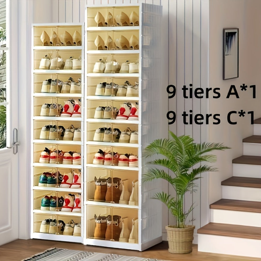 Shoe Rack Organizer 9-Tier, Collapsible Clear Plastic Foldable Stackable Shoe Cabinet with Shelves & Doors ¡ª No Assembly, Space-Saving Narrow Storage for Hallway, Apartment & Small Spaces