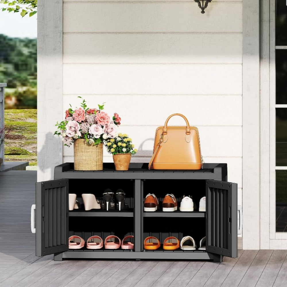 Shoe Storage Bench with Hidden Cabinet Entryway Bench All-Weather Resin Indoor Outdoor Porch Patio Mudroom Hallway Organizer
