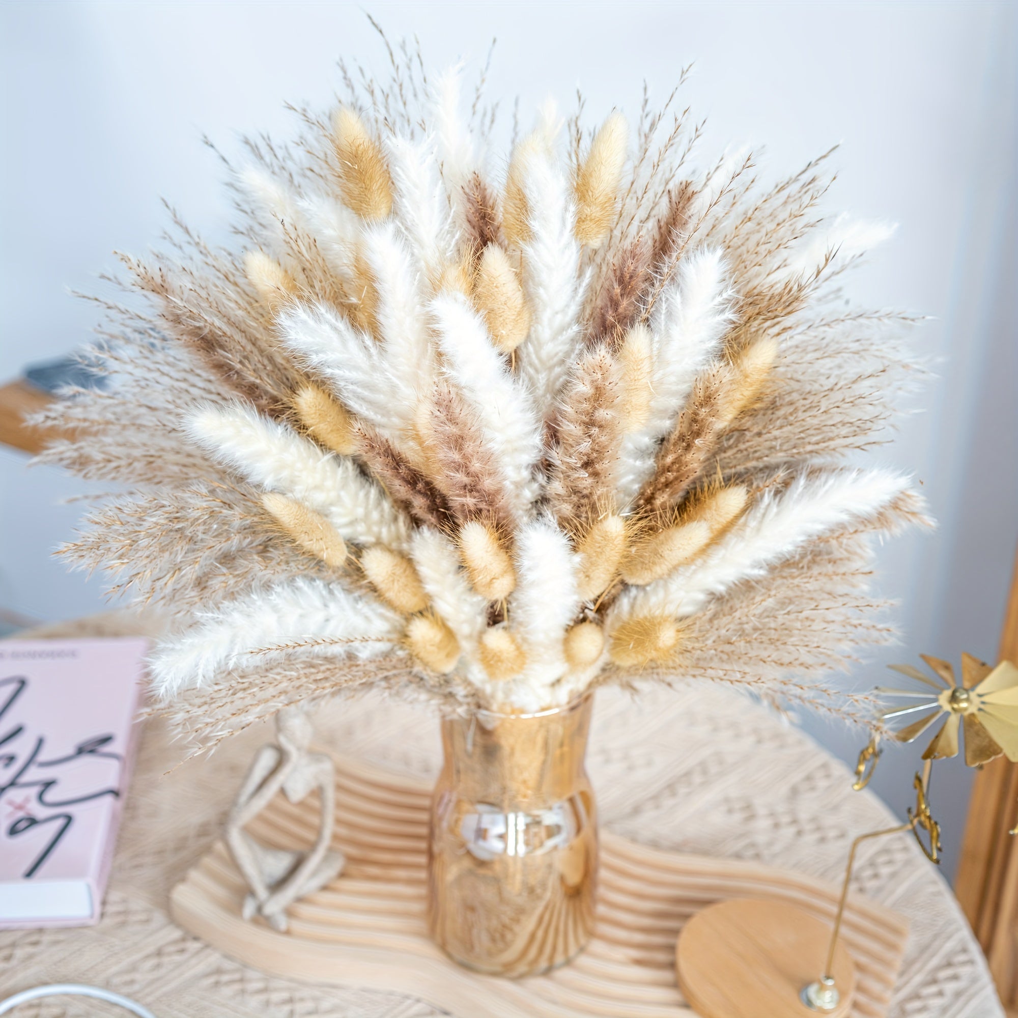Natural Pampas Grass Decor Bouquet 105/120pcs Boho Dried Floral Arrangement - Centerpiece Table Decor for Wedding Living Room Rustic Boho Home Decoration Vase Filler