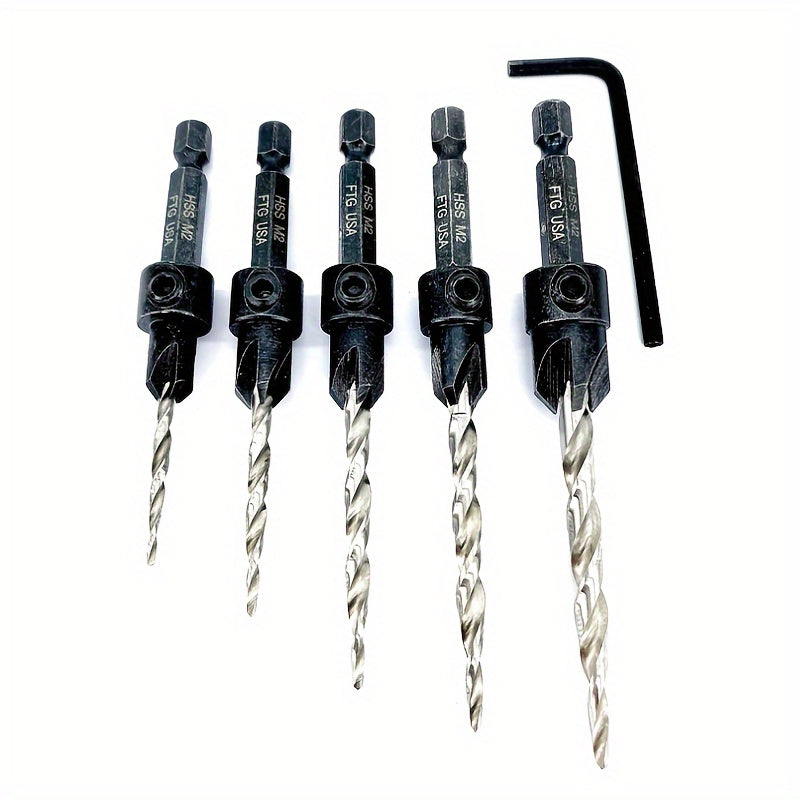 5pcs Countersink Drill Bit Set #4 #6 #8 #10 #12 Tapered with 1/4¡± Hex Shank Quick-Change ¨C Adjustable Wood Counter Sinker Bits with Allen Wrench for Woodworking