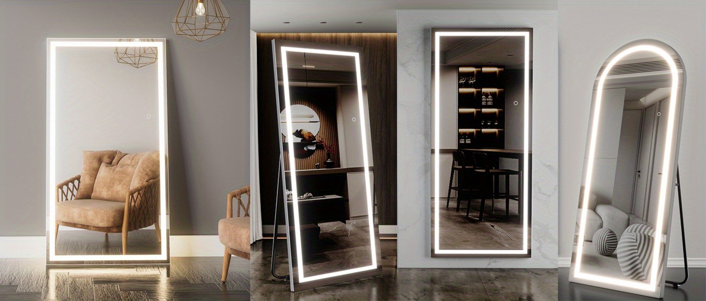 LED Full Length Mirror with Lights, Touch Control Lighted Full Body Mirror, Free Standing Wall Mounted Leaning Bedroom Mirror with LED Light Strip for Dressing Room Vanity