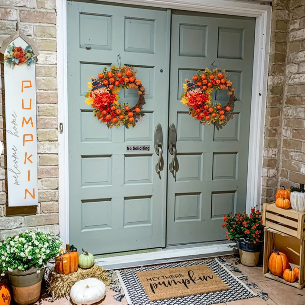 Fall Wreath for Front Door Autumn Thanksgiving Pumpkin Leaves Floral Doll Wreath Indoor Outdoor Wall Window Holiday Home Decor Christmas
