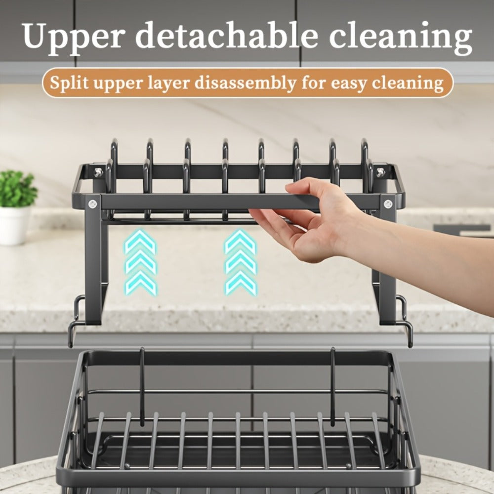 2-Tier Metal Dish Drying Rack with Cutlery Holder Cup Holder & Rust-Proof Drip Tray ¨C Space Saving Countertop Kitchen Organizer