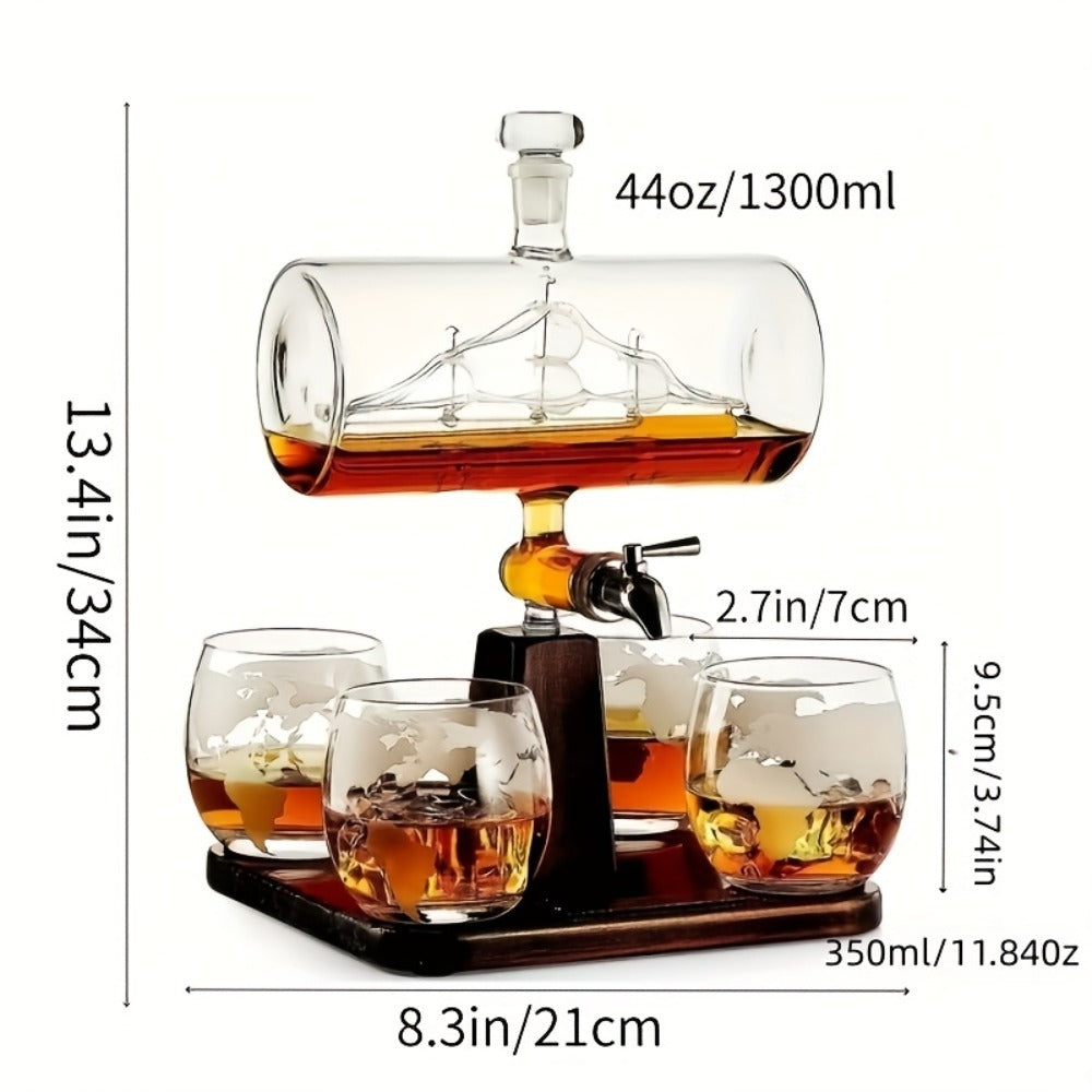 Whiskey Decanter Set with Glasses and Wooden Stand Ball Globe 28oz or Sailboat 44oz Etched Crystal Glass Cups for Whiskey Bourbon Scotch Birthday Wedding Anniversary Gift