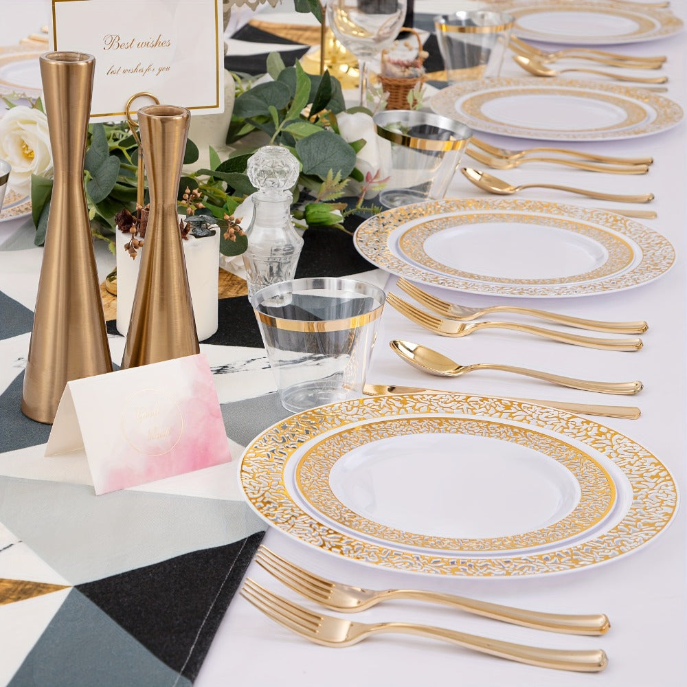 Gold Disposable Dinnerware Set for 50 Guests 350pcs ¨C Includes Dinner Plates, Dessert Plates, 9oz Cups with Gold Rim, Pre-Rolled Napkins & Gold Cutlery | Perfect for Wedding, Party & Holiday Celebration
