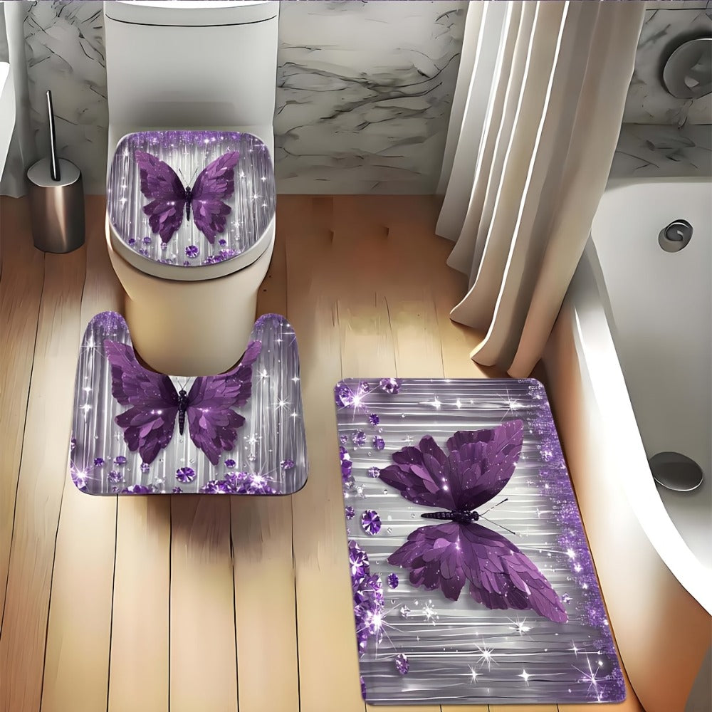 Shower Curtain Set Diamond Butterfly Print 70.8x70.8 Inch - 4 Piece Bathroom Set with U-Shape Toilet Seat Cover Non-Slip Rug 12 Hooks Machine Washable | Cyan Purple Pink | All Season Bathroom Decor