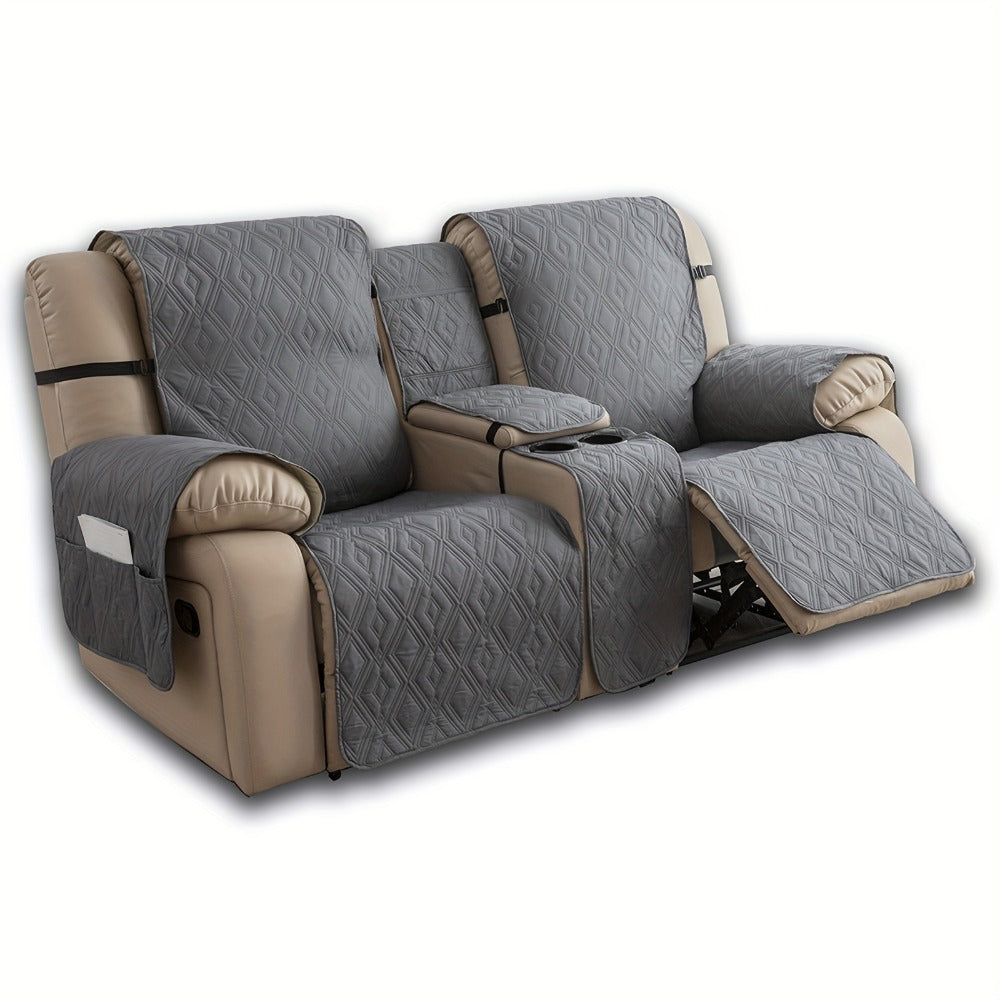 Recliner Loveseat Cover 4 Piece Set Waterproof Split Dual Recliner Sofa Slipcover with Center Console Cover & Straps - Pet Friendly Furniture Protector, Knit Polyester, 8 Colors, Black Grey Beige Navy