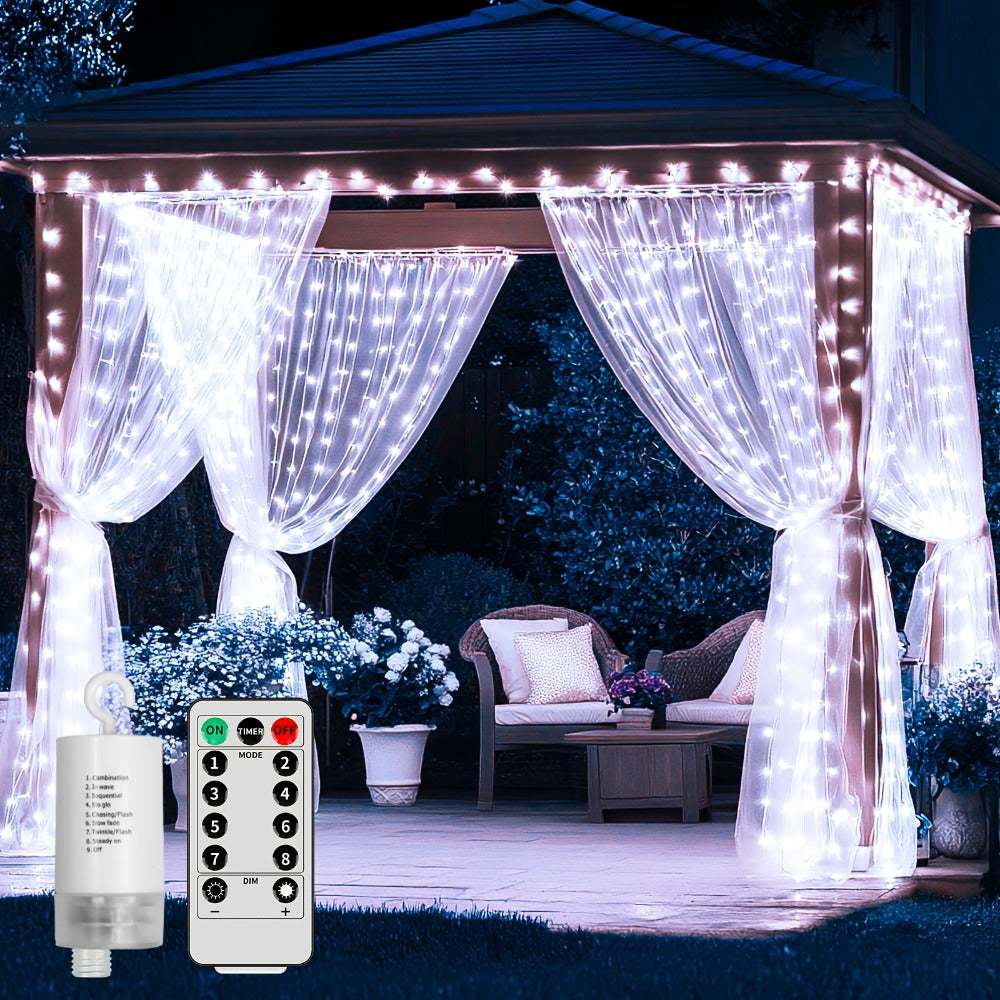 Curtain Lights for Gazebo Outdoor, 330 LED 10ft x 10ft Waterfall Fairy Lights Battery Operated with Remote, IP65 Waterproof Hanging String Lights with 8 Modes for Bedroom Porch Patio Wedding Decoration