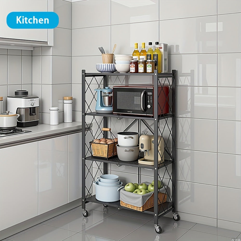 Foldable Storage Rack with Lockable Wheels 3 4 5 Tier Carbon Steel No Assembly Space Saving Floor Standing Shelf for Bedroom Balcony Garden