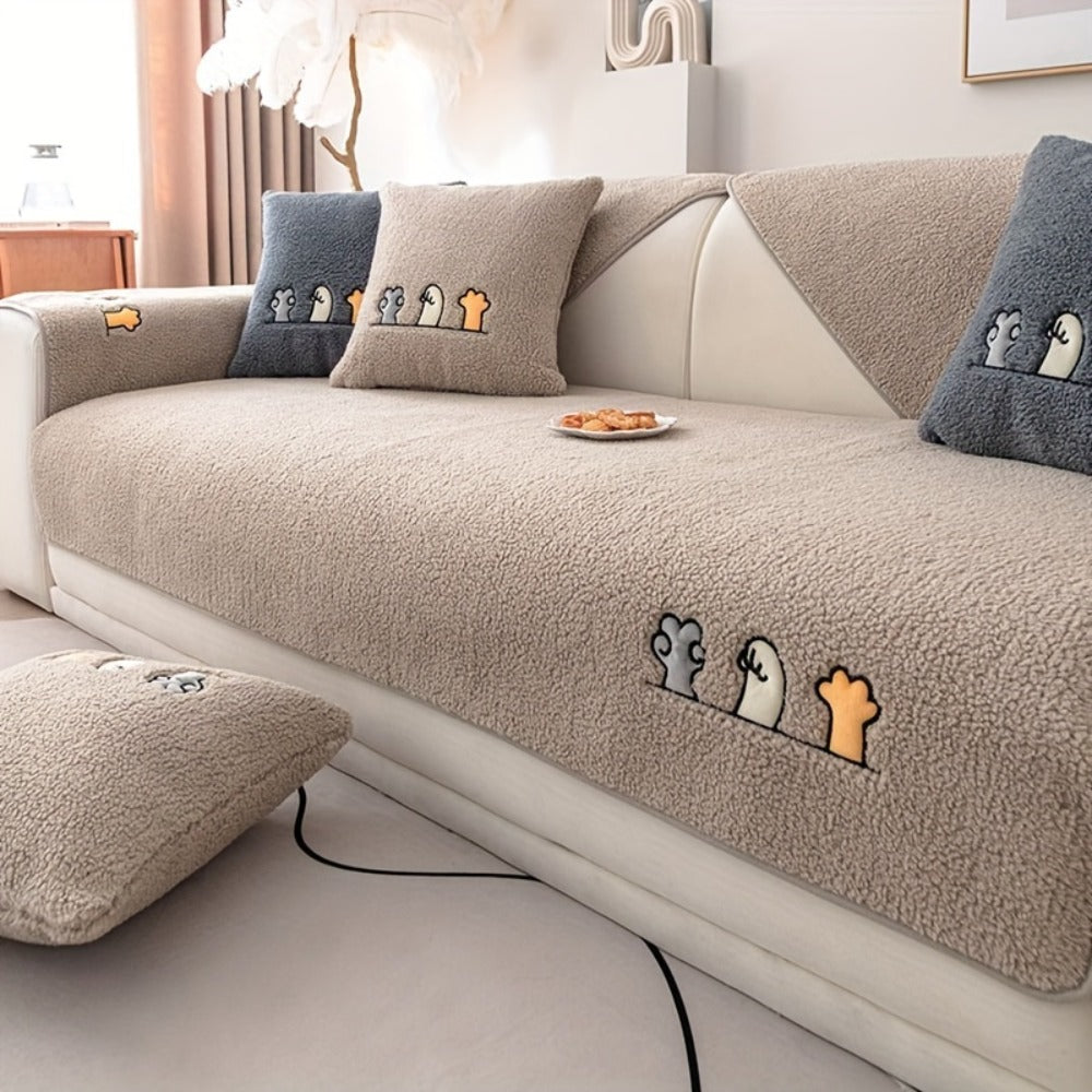 Plush Shearling Sofa Cover Non-Slip Pet-Friendly Couch Protector Animal Bone Embroidery Soft Warm for Living Room Bedroom Office 2 3 4 Seater