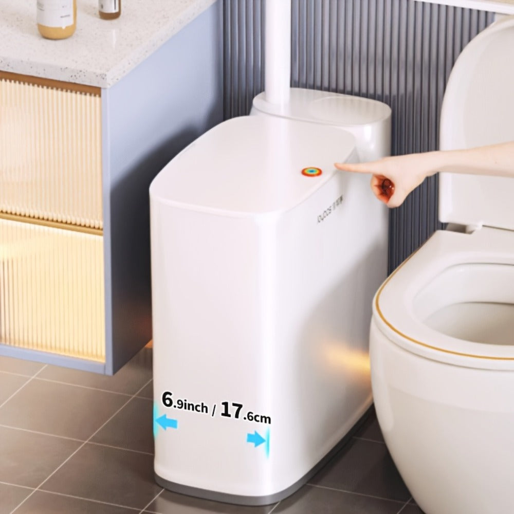 Toilet Brush and Trash Can 2-in-1 Set - Disposable Brush Heads Slim 7.7L Bathroom Waste Bin with Push Lid Hygienic No-Touch Cleaning System Space Saving ABS Plastic | White | RV Apartment Small Bathroom