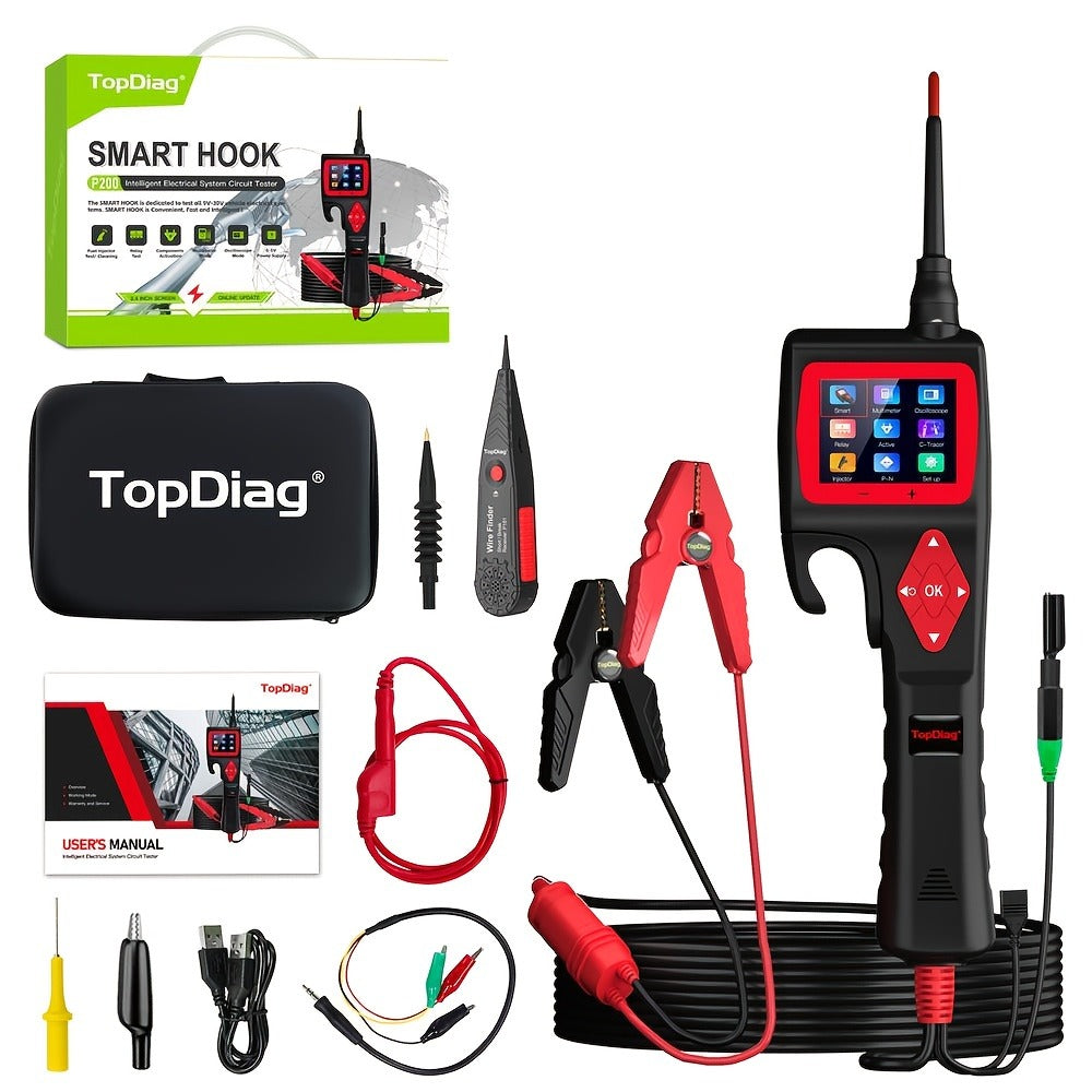 Automotive Circuit Tester Topdiag P200 Pro 9-30V Oscilloscope Multimeter Relay Fuel Injector Test 0-5V Power Supply Component Activation 20ft Cable Smart Voltage Resistance Diagnostic Tool