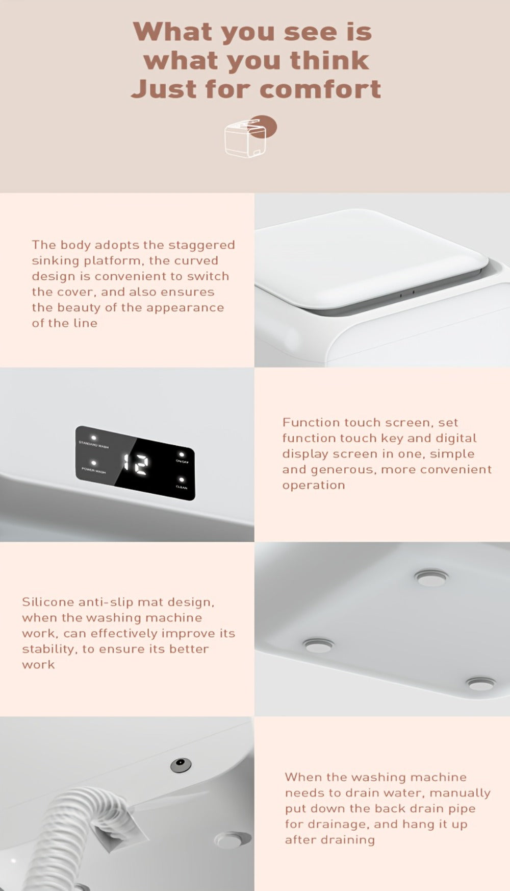 Mini Washing Machine Pure Copper Motor High Torque 4 Washing Modes Portable Washer for Underwear Socks Baby Clothes Separate Washing Anti Cross-Infection White